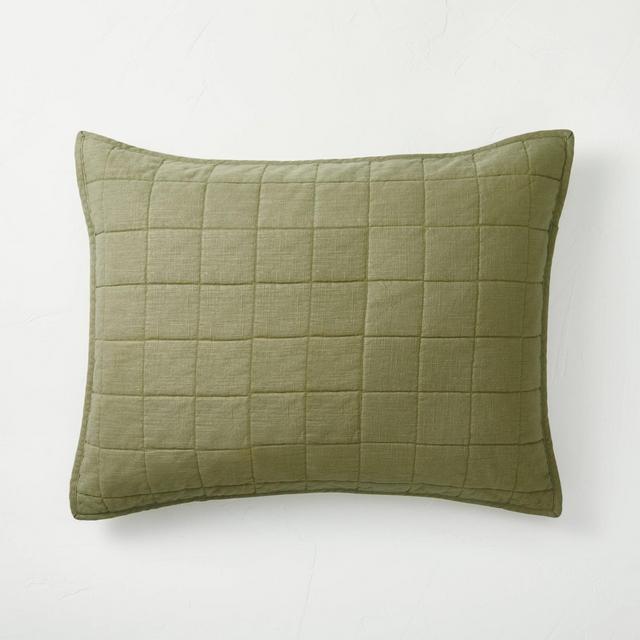 Standard Heavyweight Linen Blend Quilt Pillow Sham Moss Green - Casaluna™