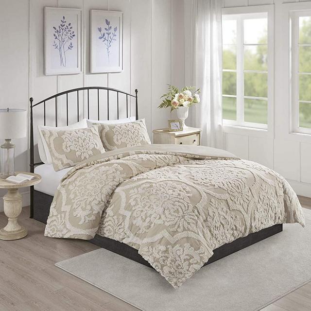 Madison Park Tufted Chenille 100% Cotton Comforter All Season Bedding Set, Matching Shams, King/Cal King(104"x92"), Viola, Damask Taupe 3 Piece