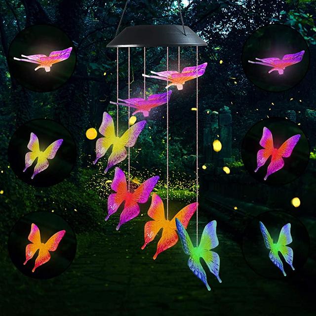 Famiry Solar Butterfly Wind Chimes for Outside, Wind Chimes Colors Changing Six Butterfly Waterproof LED Solar Light, Outdoor Decor for Garden, Patio, Yard, Home(Purple Yellow Butterfly)