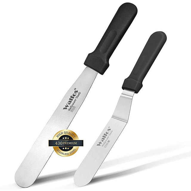 Walfos Icing Spatula, Stainless Steel Cake Spatula with Sturdy and Durable Handle Cake Decorating Spatula - Multi purpose Use for Home, Kitchen or Bakery (6” Angled + 8" Straight)