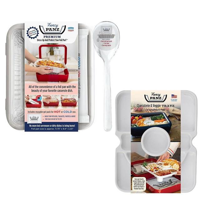 Fancy Panz Bundle, White Premium Charcuterie Trayz Insert, Made in the USA Foil Pan Carrier, Travel Casserole Carrier with Disposable Aluminum Pan, Hot/Cold Pack & Reusable Serving Spoon