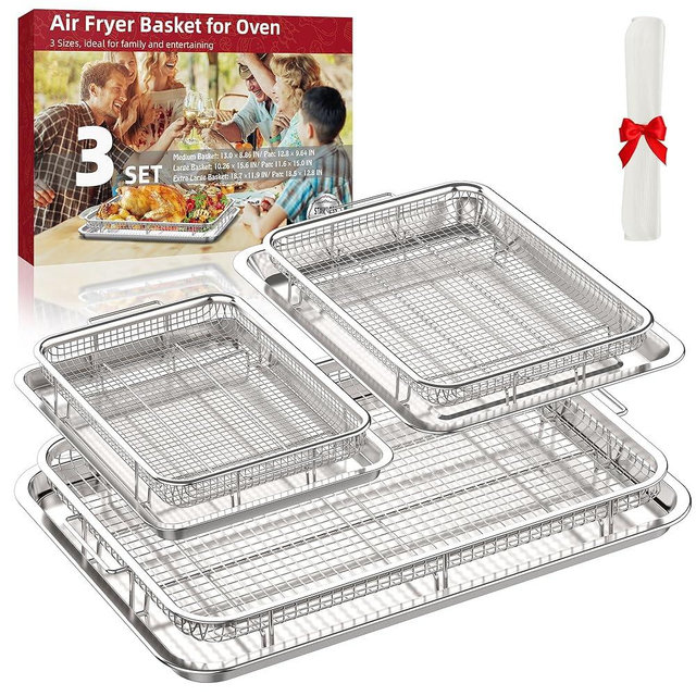 Air Fryer Basket for Oven, 3 Set Stainless Steel Oven Air Fryer Basket and Tray with 90 PCS Parchment Papers, OPENICE Air Fryer Pans and Crisper Tray - 18.7" x 12.8", 15.6" × 11.6" & 12.8" × 9.6"