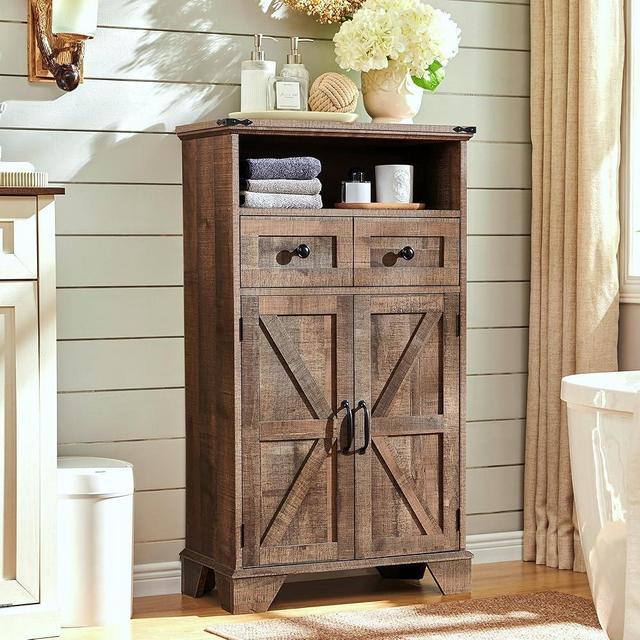 ACCOHOHO Bathroom Floor Cabinet, Farmhouse Bathroom Storage Cabinet, 24" Wide Bathroom Cabinet with Drawer, Adjustable Shelf, Barn Doors, Cabinet for Bathroom, Kitchen, Living Room, Rustic Brown