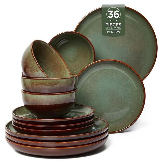 Pokini Stoneware Dinnerware Sets Service for 12, 36 pcs Reactive Glaze Plates and Bowls Sets, Handmade Ceramic Dish Set, Highly Chip and Crack Resistant Modern Plate Set, Brown Green