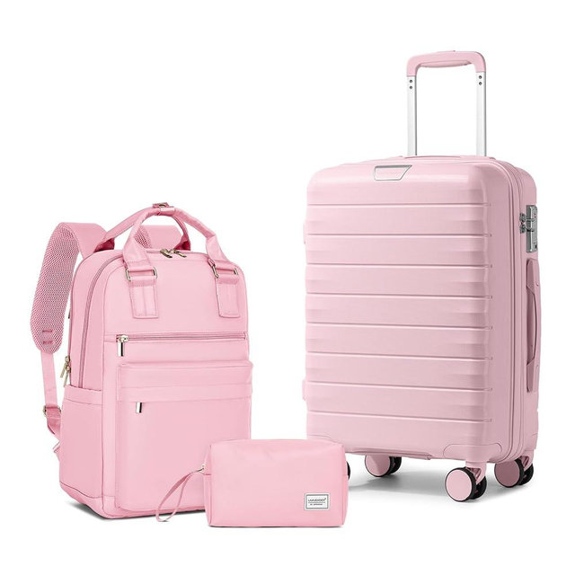 LARVENDER Luggage Sets 3 Piece with Travel Backpack Hardside PP Carry On Suitcase with 360° Spinner Wheels TSA Lock Luggage Sets for Women, Orchid Pink