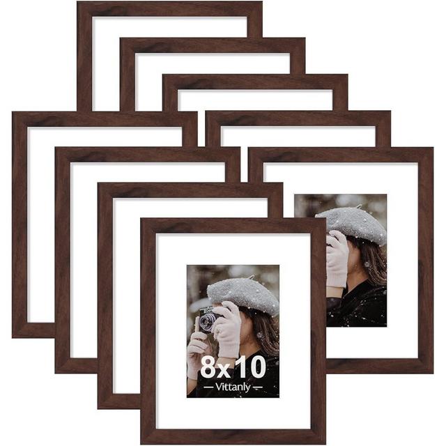 Vittanly 8x10 Picture Frames Set of 9, Shatter Resistant Plexiglass, Display 5x7 Pictures with Mat or 8x10 without Mat, Photo Frames for Wall or Tabletop, Engineered Wood, Walnut