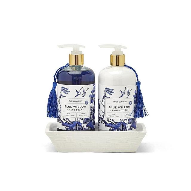 Two's Company Chinoiserie Sandalwood Scented Hand Soap and Lotion Set with Ceramic Caddy