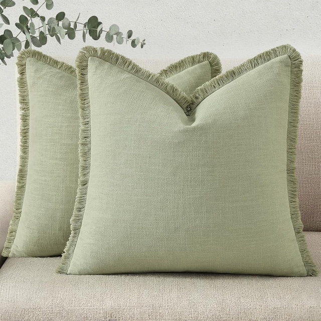 decorUhome Spring Decorative Neutral Linen Fringe Throw Pillow Covers Set of 2 Sage Green Pillow Covers with Tassels Soft Farmhouse Boho Accent Pillow Cases for Couch Bed Sofa 18x18 Inch