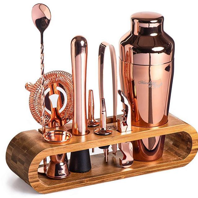 Mixology Bartender Kit: 10-Piece Copper Bar Set Cocktail Shaker Set with Stylish Bamboo Stand | Perfect Home Bartending Kit with Rose Gold Bar Tools and Martini Shaker for Foolproof Drink Mixing