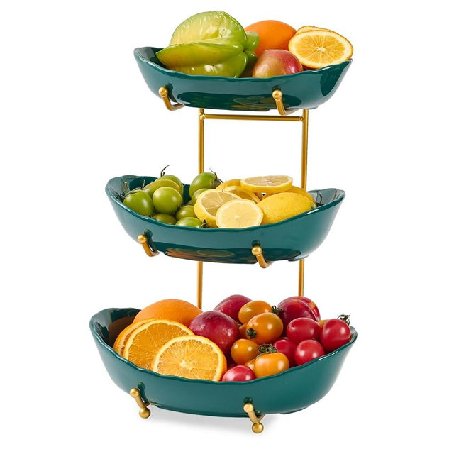 Lifevc 3 Tier Ceramic Fruit Bowl for Kitchen Counter,Tiered Fruit Basket for Countertop, Serving Tray for Food, Vegetable, Cake, Dessert in Party(Dark Green)
