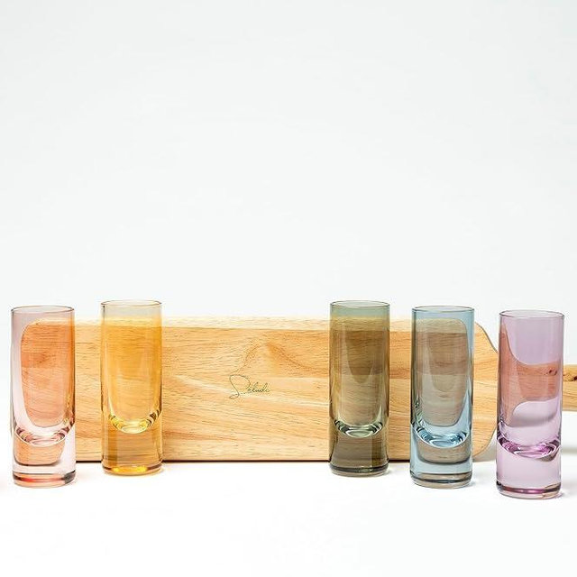 Saludi Colored Shot Glasses, 2oz (Set of 6) Multi-Color Glass with Wood Paddle - Luxury, Durable, Hand-Blown