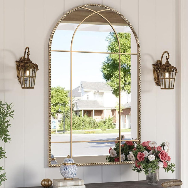 Wiserset Arched Gold Antique Mirror, 24" x 40" Arch Window Mirrors with Beaded Metal Frame, Vintage Gold Arch Mirror, Decorative Wall Mirror for Living Room, Courtyard, Bedroom, Entryway