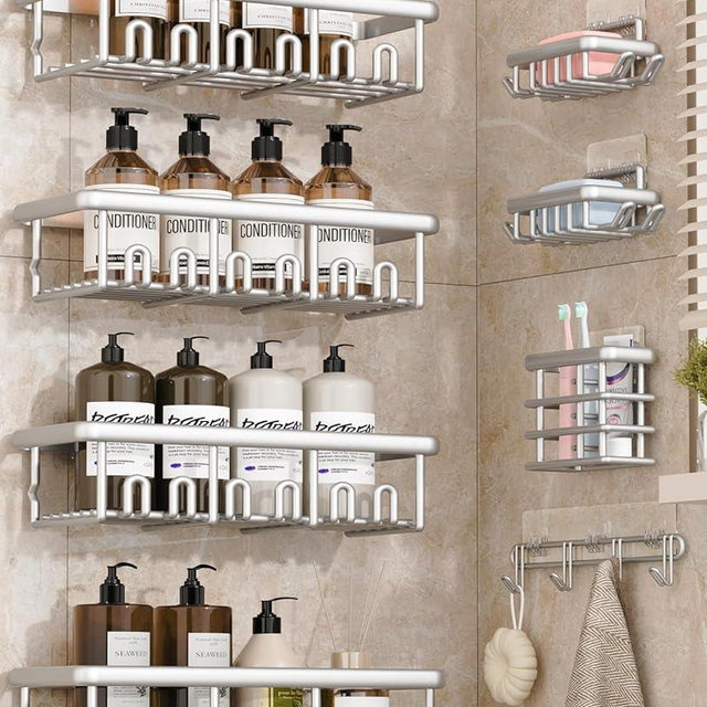 Zeawec 8 Pack Adhesive Rustproof Shower Caddy with Soap Dishes, Toothbrush Holder & Hooks, Large Capacity No-Drilling Shower Shelves Rack for Bathroom Organizers and Storage Accessories, Silver