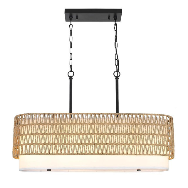 HMVPL Rattan Chandeliers for Dining Room, Boho Dining Room Light Fixture, 5-Lights Linear Kitchen Chandeliers Pendant Light with Fabric Shade, Long Farmhouse Chandelier for Kitchen Island(31.5")