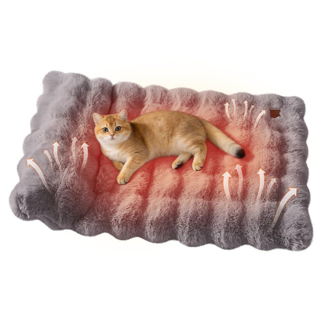 SOMAHE Plush Faux Fur Pet Bed Mat with Non-Slip Bottom, Self-Warming Cat Bed, Washable Pet Bed with Pillow for Cats & Medium Dogs, Machine Washable, 27x20 Inch, Grey