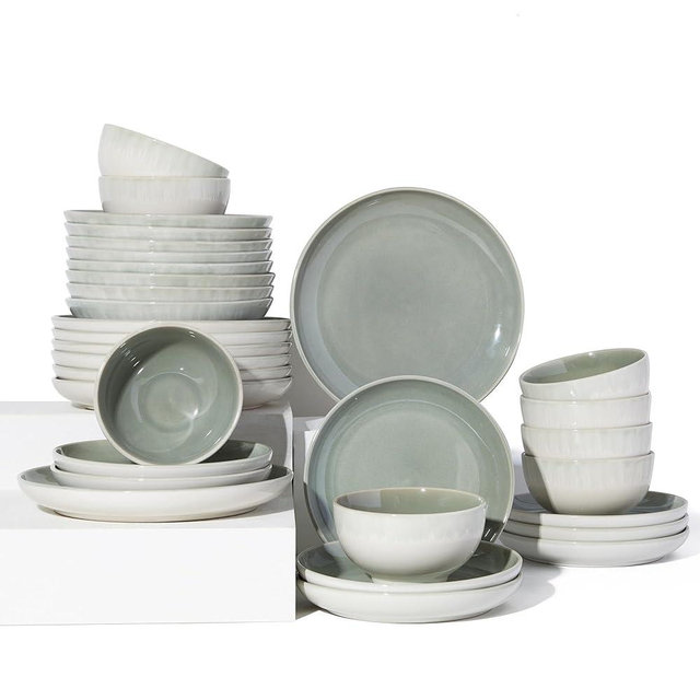 Pokini 32 Piece Double Bowl Dinnerware Sets with Pasta Bowls, Highly Chip and Crack Resistant Plates and Bowls Sets, Natural Earthyware Ceramic Dishware Sets, Service for 8 Gradient Green