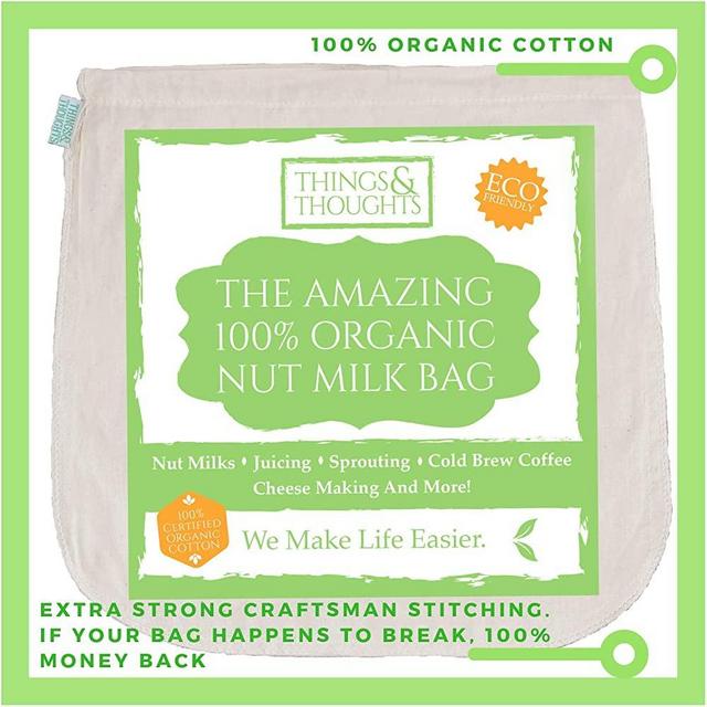 Nut Milk Bag W/ Organic Cotton and Food Grade Cheesecloth by Things&Thoughts | Eco Friendly Amazing Reusable Strainer Bags for Almond Milk, Oat Milk, Celery Juicing, Yogurt, Cold Brew Coffee & Tea