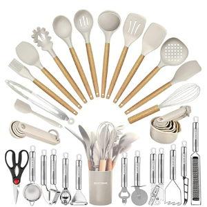 Kitchen Utensils Set- 35 PCs Cooking Utensils with Grater,Tongs, Spoon Spatula &Turner Made of Heat Resistant Food Grade Silicone and Wooden Handles Kitchen Gadgets Tools Set for Nonstick Cookware