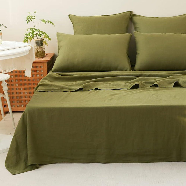 Simple&Opulence Pure Linen Sheet Set 4 Pcs, 100% Natural French Flax Basic Solid Color Breathable Farmhouse Bed Sheets - 1 Flat Sheet, 1 Fitted Sheet, 2 Pillowcases - Olive Green, King