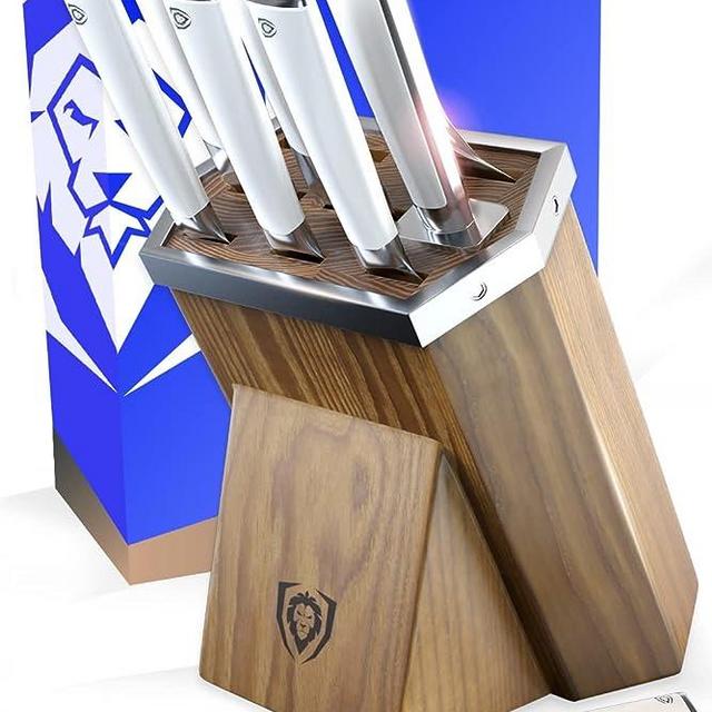 DALSTRONG Knife Block Set - 8 Piece - Vanquish Series - Forged High Carbon German Steel - Kitchen Knife Set - Premium Wood Block - White POM Handle - NSF Certified