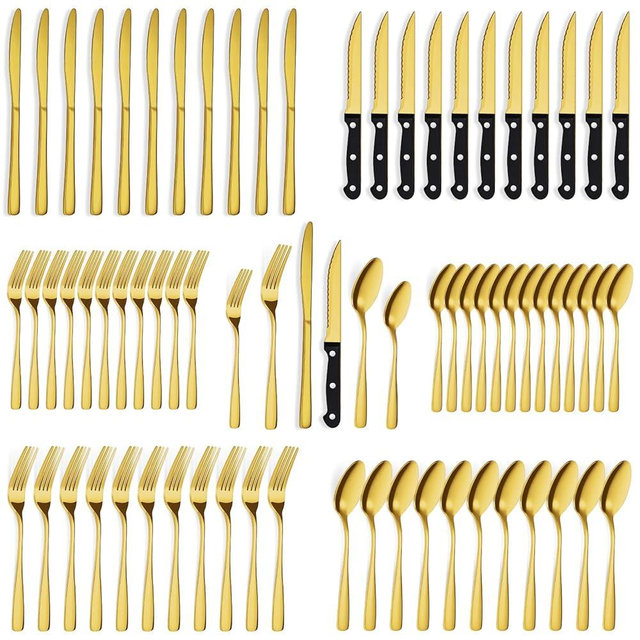 BEWOS 72-Pieces Gold Silverware Set for 12 - Stainless Steel Flatware Set with Mirror Polish, Gold Silverware Set Including Steak Knives, Forks and Spoons, Dishwasher Safe for Restaurant