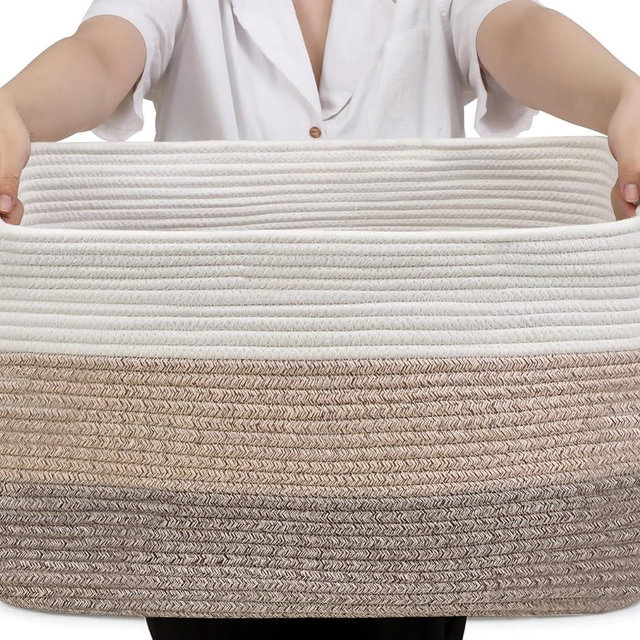 Optish 75L Large Blanket Basket, Dog Toy Storage Baskets for Organizing, Blanket Storage for Living Room, large Woven Basket 22” x 17” x 11.5”, White & Brown