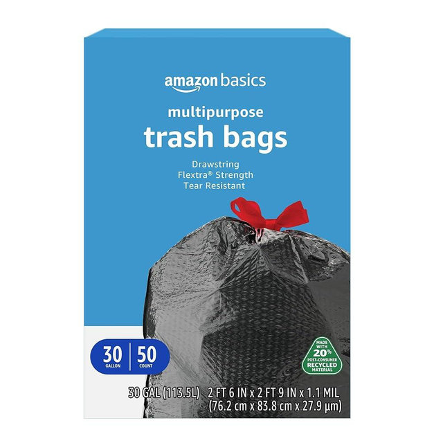Amazon Basics Flextra Multipurpose Drawstring Trash Bags, 20% Post Consumer Recycled Content, 30 Gallon, 50 Count, Pack of 1