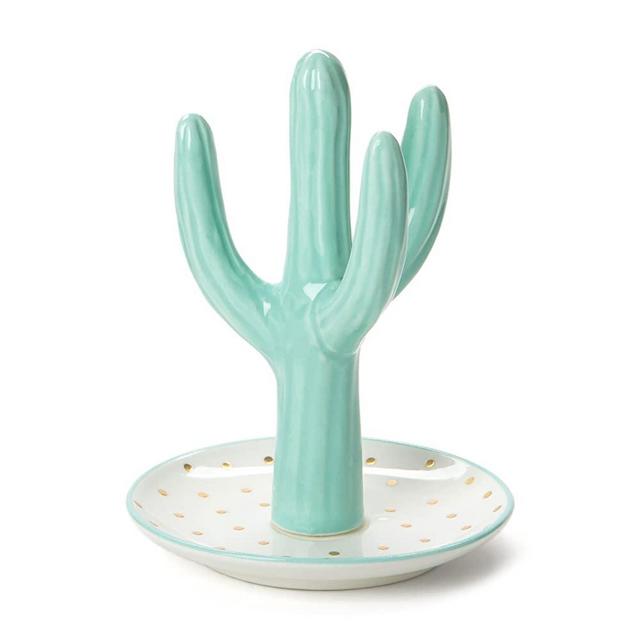 Tri-Coastal Design Ceramic Cactus Jewelry Ring Holder Dish Holder with Cactus Shaped Display Stand for Engagement or Wedding Rings, Earrings and Bracelets - Trinket Tray and Jewelry Holders for Women