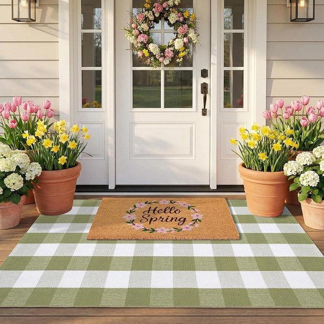 Spring Door Mat Layered Doormat Set, Hello Spring Coir Doormat with Green & White Plaid Layering Rug, Farmhouse Front Door Welcome Mat for Porch Entryway(Green, 3' x 5')