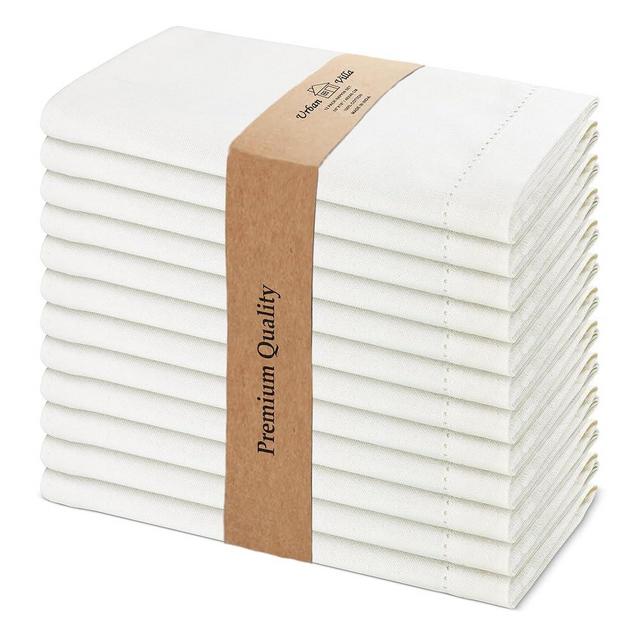 Urban Villa Cloth Napkin Set of 12, Hemstitch Solid Ivory 20x20 Inches, Premium Soft Cotton Highly Absorbent, Reusable & Washable Dinner Table Napkins for Home and Weddings