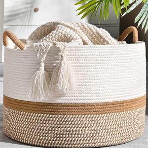 KAKAMAY Large Blanket Basket (20"x13"),Woven Baskets for storage Baby Laundry Hamper, Cotton Rope Blanket Basket for Living Room, Laundry, Nursery, Pillows, Baby Toy chest (White/Brown)