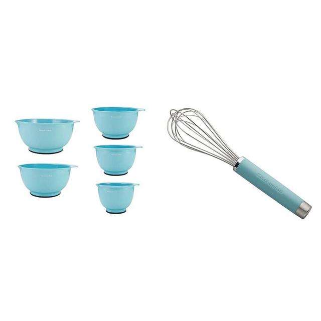 KitchenAid Classic Mixing Bowls, Set of 5, Aqua Sky 2 & Gourmet Utility Whisk, 10.5-Inch, Matte Aqua Sky
