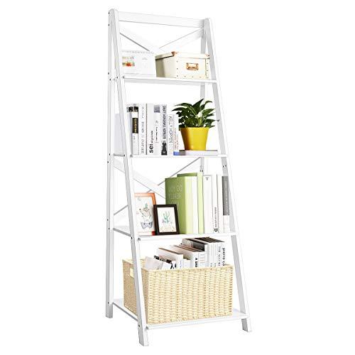 Tangkula 4-Tier Ladder Shelf Bookcase Leaning Free Standing Wooden Frame Decor Bookshelf Storage Flower Shelf Plant Display Shelf for Home Office (White, 1)