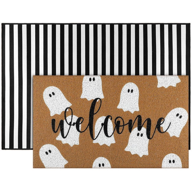 Tinideya 2 Pcs Fall Doormat Hello Pumpkin Non Slip Outdoor Mat Halloween Decorative Floor Mats Welcome Ghost Coir Doormats Stripe Front Porch Rugs for Indoor Layering Entryway Decor(Ghost)