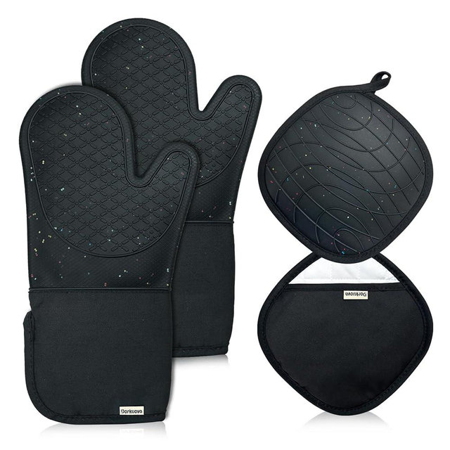 Dorkuova Oven Glove Cute,Cooking Mittens,Oven Mittens for Kitchen,Oven Gloves for Kitchen,Washable Silicone Oven Mitts Heat Resistant 500°F, Potholders for Kitchens Cooking Baking(Black