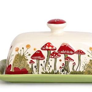 Fungi Fun Mushroom Butter Dish With Lid For Countertop Ceramic Butterdish, Red Mushroom Butter Container, Butter Tray Large Butter Dish Covered (White, Standard)