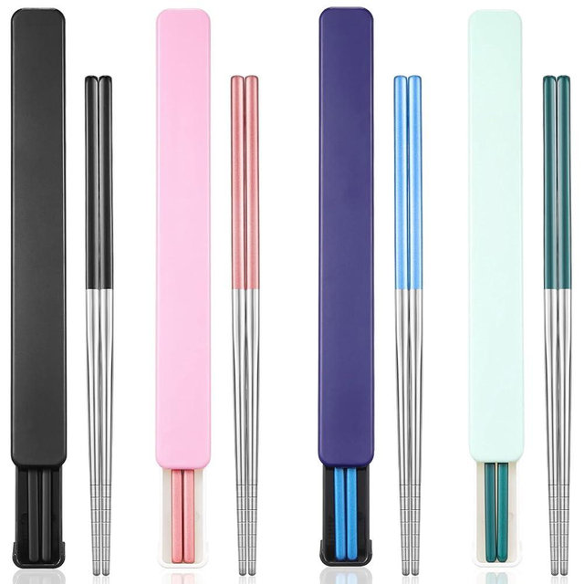 Patelai 4 Pairs Portable Chopsticks with Case Stainless Steel Chopsticks Reusable Portable Utensil for Home Office Camp Travel Bento Box