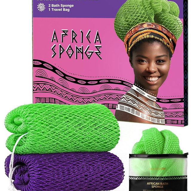 Authentic African Net Sponge with Knots - 2 Pieces Exfoliating Body Sponge Purple & Green - Back Scrubber Shower Exfoliator for Women Personal Care - Shower Scrub for Body Wash Bathing Accessories