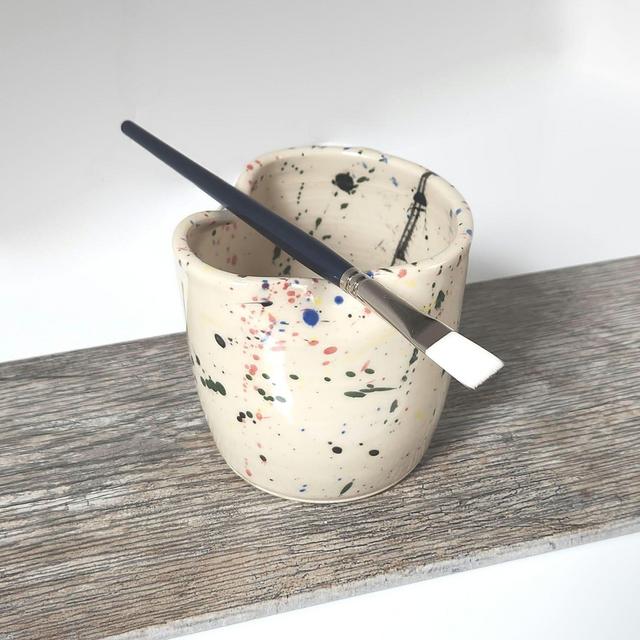 Handmade Colorful Pottery Paint Water Cup, Artist Brush Holder with a folded rim for holding brush.