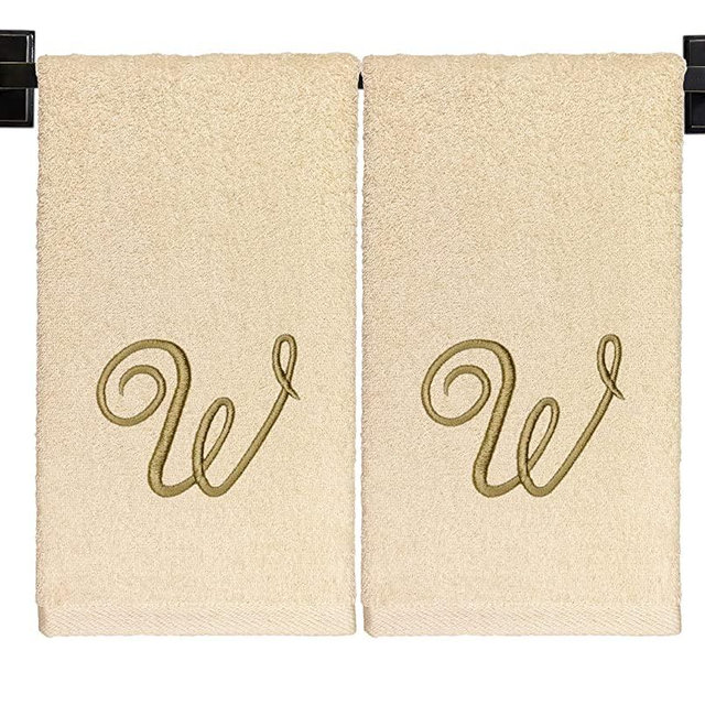 Monogrammed Hand Towels, Set of 2, 100% Cotton, Made in USA, Luxury Hotel Quality, Embroidered Gold Thread Script Monogram
