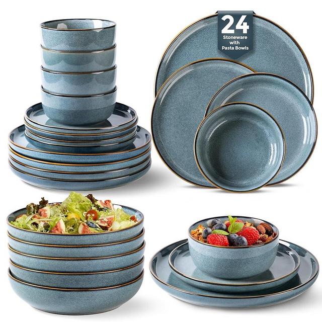 GBHOME 24 Pieces Double Bowls Ceramic Dinnerware Sets for 6, Stoneware Plates and Bowls Set with Reactive Glaze, Scratch Resistant Stoneware Dishes Set, Dishwasher & Microwave Safe
