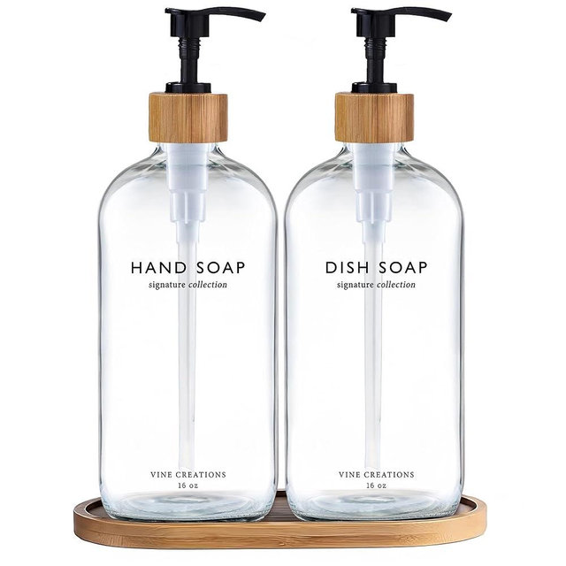 Vine Creations Clear Glass Soap Dispenser Set, Hand Soap and Dish Soap Dispenser Set with Bamboo Tray, 16 oz Glass Dispensers Bottle for Kitchen and Bathroom Decor Modern Boho with Bamboo Pump (Clear)