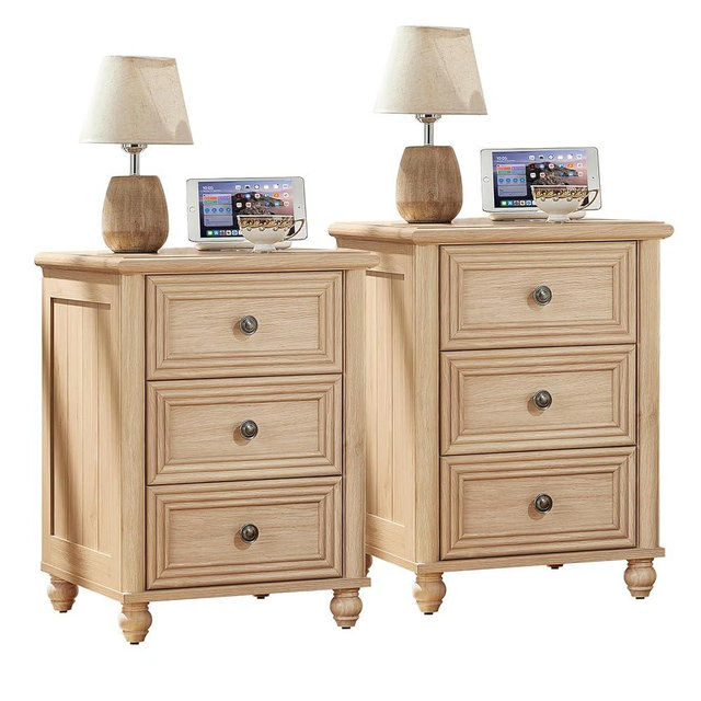 RWYHG 18" Farmhouse Night Stand Set of 2, Natural Wood Nightstand with 3 Drawers, Bedside End Table with Storage and Roman Column, Bed Side Tables Cabinet for Bedroom, Living Room, and Closet