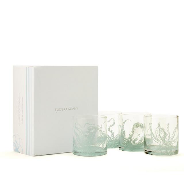 Two's Company 51522-EA Octopus Set of 4 double Old-Fashioned Glasses In Gift Box Includes 4 Designs - Glass, , Clear