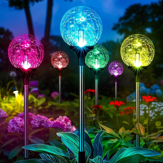 GIGALUMI Solar Garden Lights 6 Pack, Solar Lights Outdoor Decorative Waterproof, Outdoor Solar Lights for Yard Decorations, Multi-Colored Changing Garden Globe Cracked Glass Ball with LED Lights
