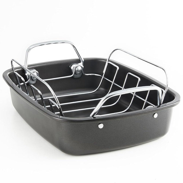 KITESSENSU Large Roasting Pan with Rack - 25 LB Nonstick Turkey Roaster Pan for Oven - Heavy Duty Carbon Steel Roasting Pan with Wider Handles for Chicken, Vegetables & Holiday Meals, Gray