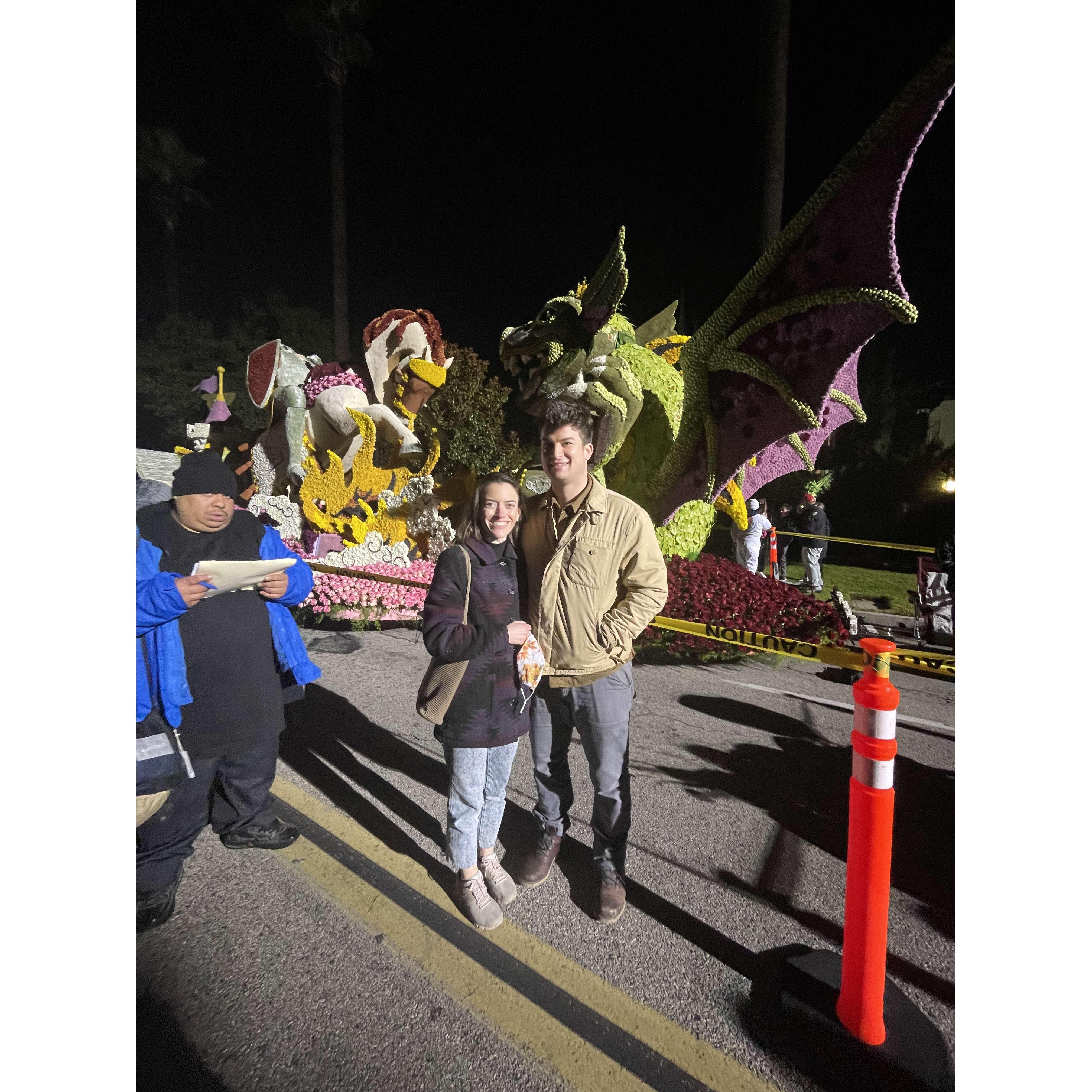 Pasadena's famous Rose Parade floats - all lined up on New Year's Eve