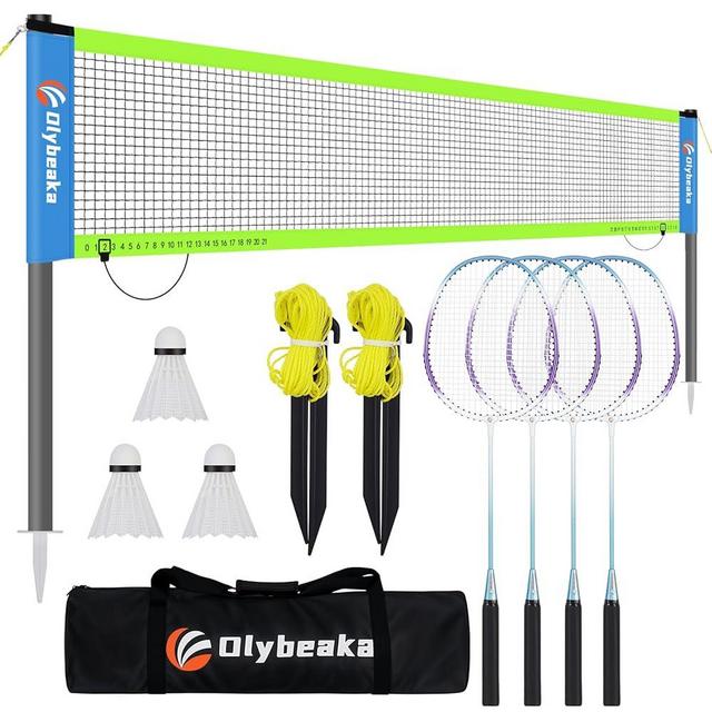 Olybeaka Portable Badminton Net with 4 Badminton Rackets, Durable Badminton Net Set for Driveway Backyard, Stable Game Net System with Carring Bag