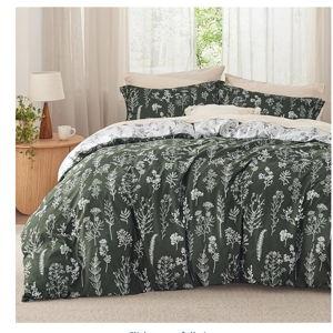 Bedsure Queen Comforter Set - Dark Olive Green Bed Set, 3 Pieces Cute Floral Bedding, 1 Soft Reversible Botanical Flowers Comforter and 2 Pillow Shams