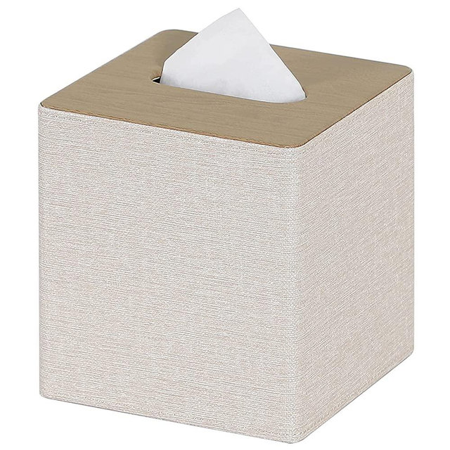 GOLRANLYE Tissue Box Cover Square PU Leather Facial Tissue Box Holder for Dresser Bathroom Decor (Beige)